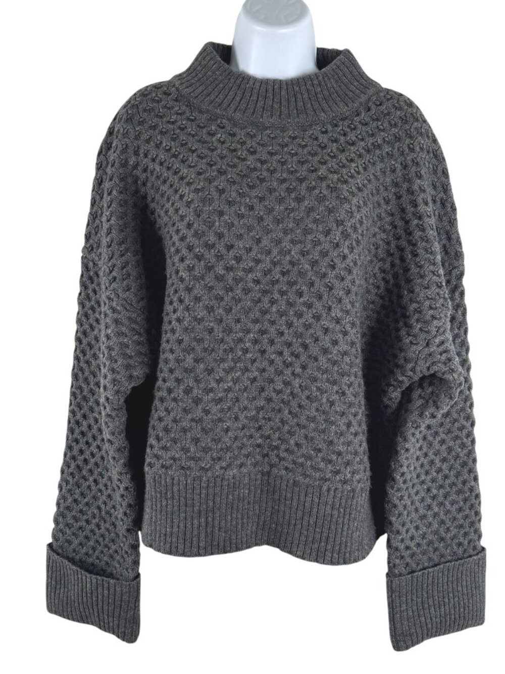 J. Crew Honeycomb Mockneck Sweater Womens Medium Gray Lambswool Blend FS-1527